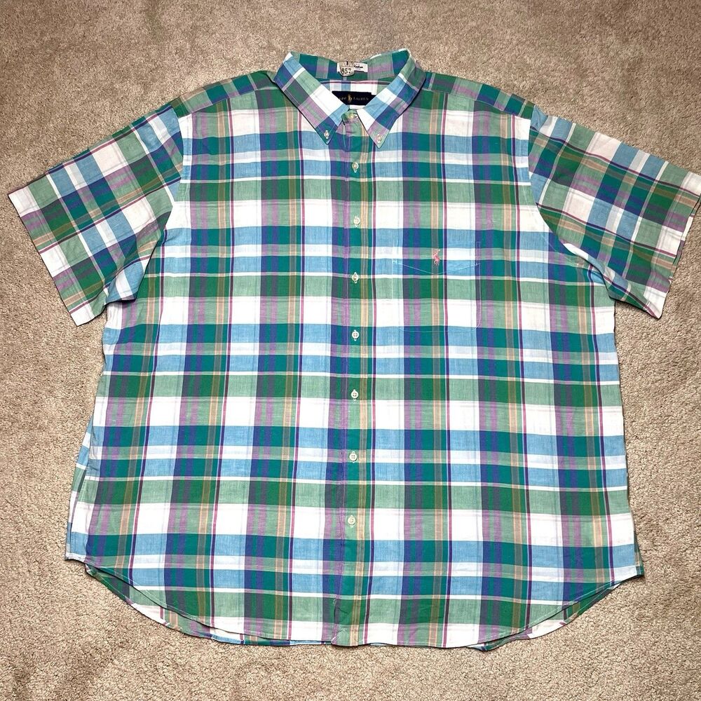 Ralph Lauren Indian Madras Plaid Shirt Mens 3XB Green Short Sleeve Summer Preppy